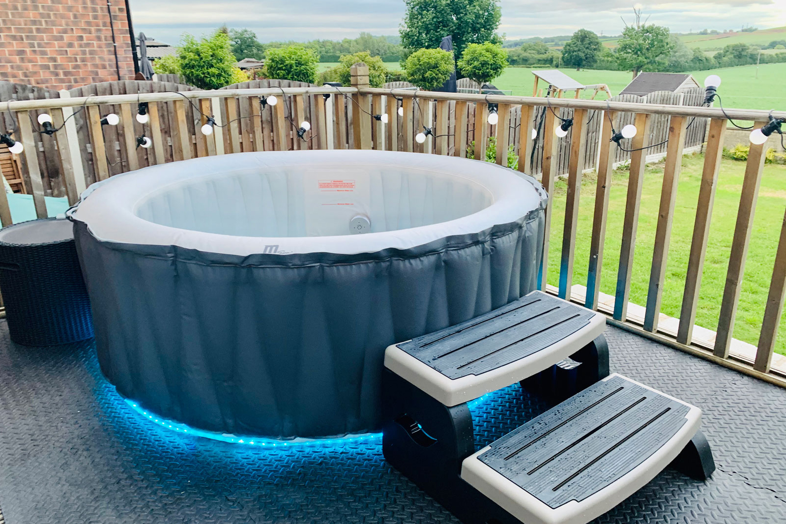 inflatable hot tub on decking